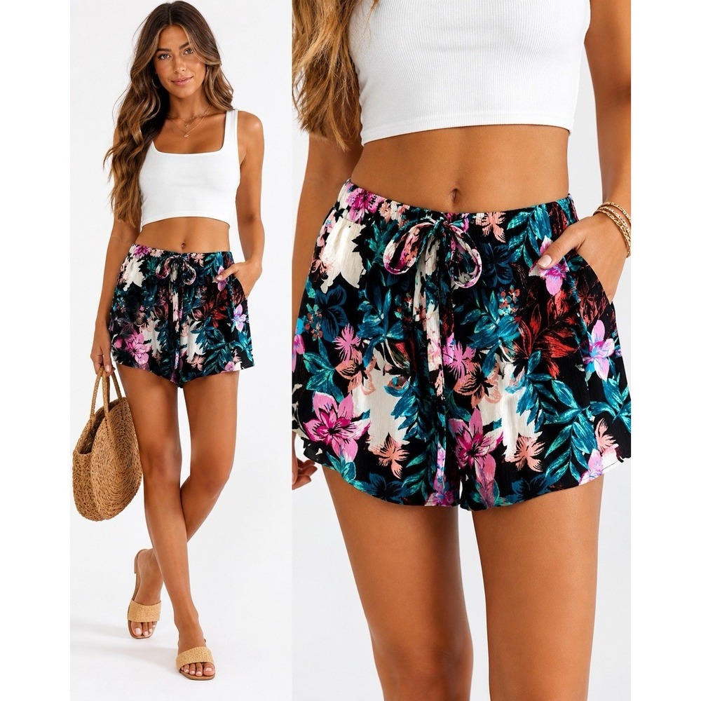 Lulus Floral Rayon Shorts M Tropical Elastic Waist Pull On Tie‎ Boho Summer